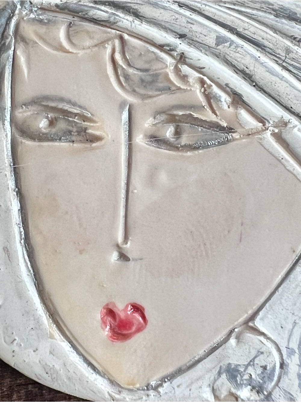 Handcrafted White wood (?) Face brooch/pin Art with Pink Accent